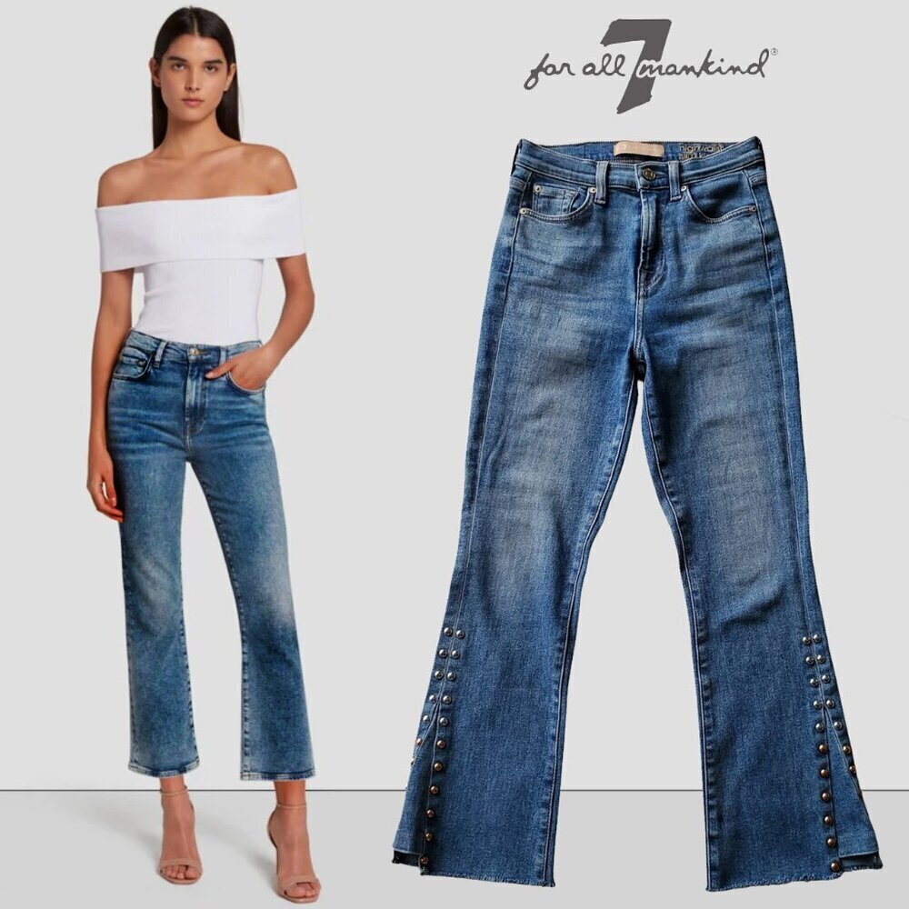 7 For All Mankind Luxe Vintage High Waist Slim Kick Flare Studded Hems Size 24